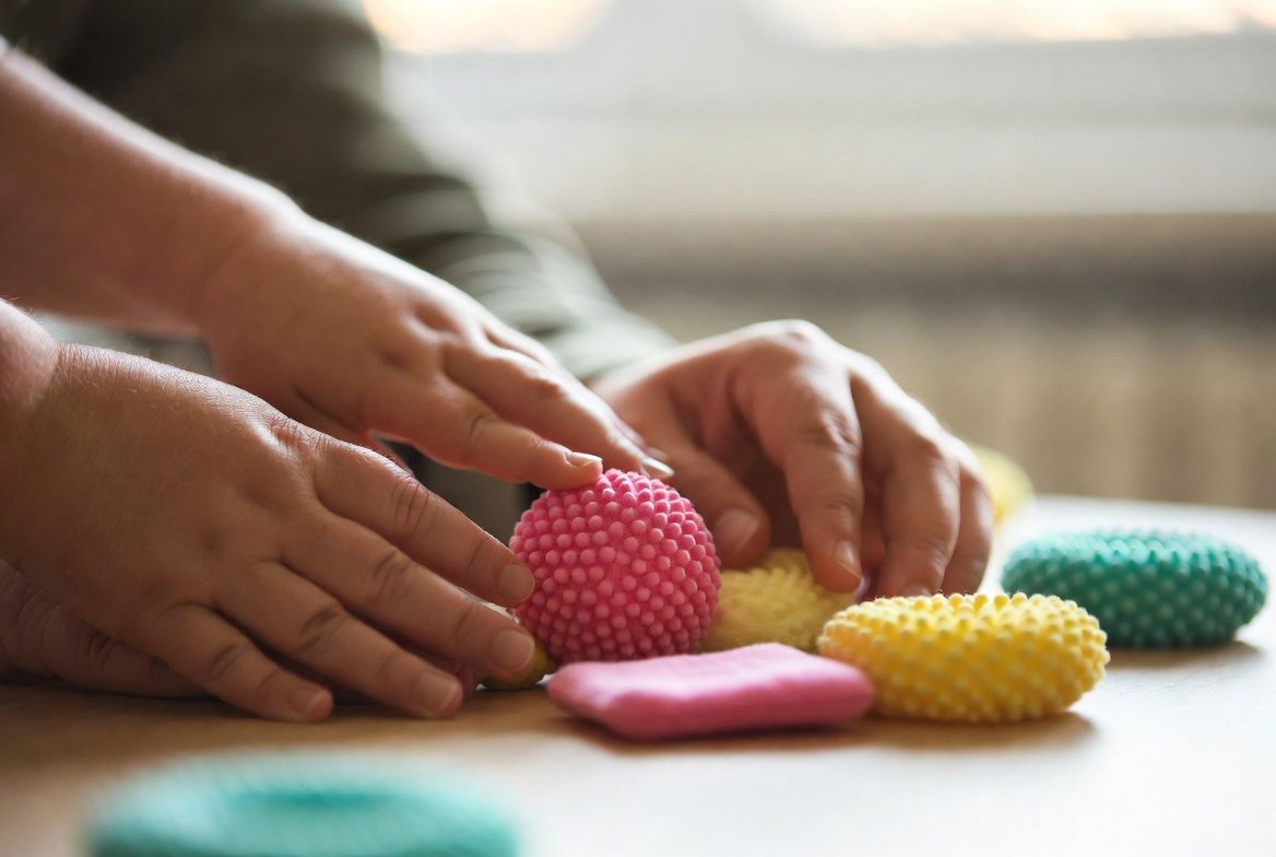 Adult and child hands exploring soft sensory toys together